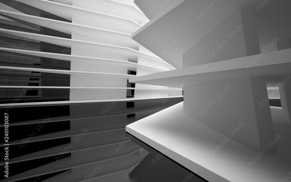 Abstract white interior of the future, with glossy black wall and floor. 3D illustration and rendering Abstract white interior of the future, with glossy black wall and floor. 3D illustration and rendering