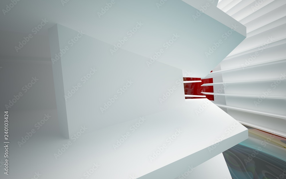 Obraz premium Abstract white interior of the future, with glossy gradient colored water wall and floor. 3D illustration and rendering