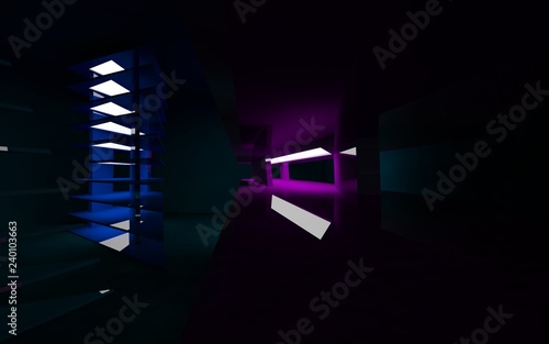 Abstract violet interior of the future. Night view. 3D illustration and rendering