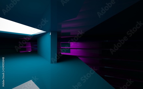 Abstract violet interior of the future. Night view. 3D illustration and rendering