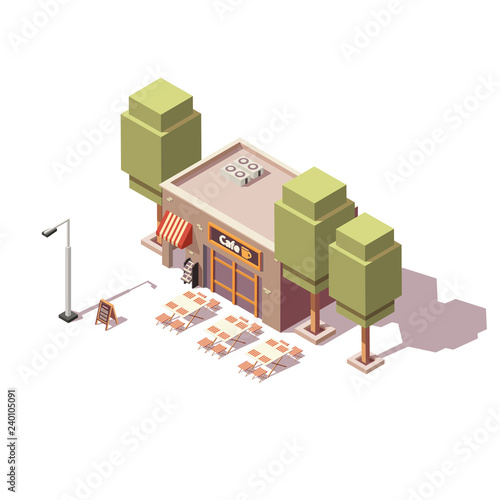 Cafe shop building with signboard and outdoor tables. Isometric 3d vector illustration on isolate background.