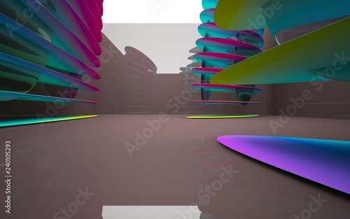 Abstract dynamic interior with colored gradient smooth objects and brown room . 3D illustration and rendering