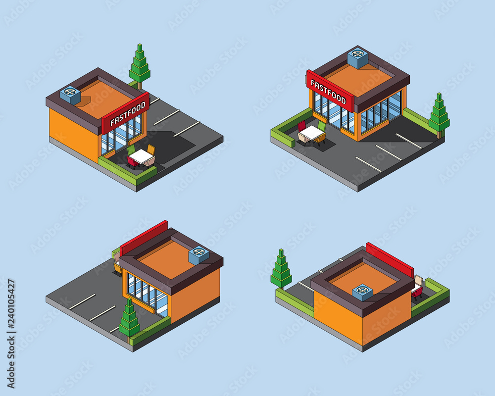 3D isometric Fastfood View All outlined 3D isometric Fastfood View All outlined