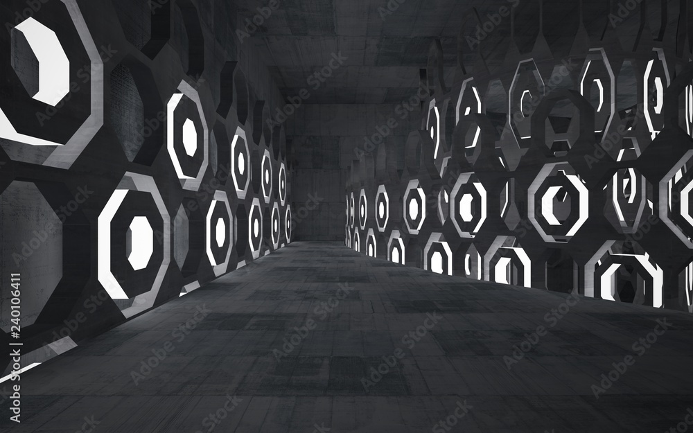 Naklejka premium Empty dark abstract concrete room interior. Architectural background. Night view of the illuminated. 3D illustration and rendering