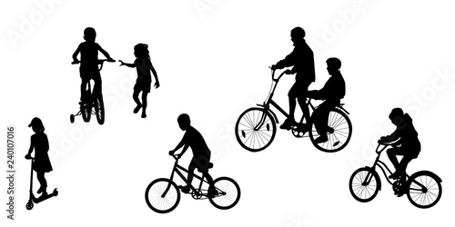 Boys on bikes, vector. A set of silhouettes of children, kids.