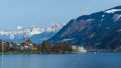 lake in the mountains with snow caps