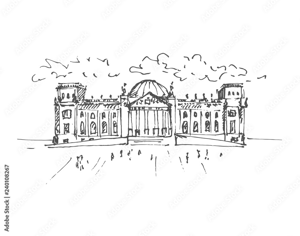 Hand drawn Reichstag building in Berlin, German parliament. Berlin landmark, Germany. Vector illustration. Sketch. Vector.