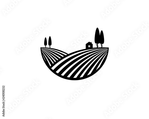 monochrome black simple landscape logo with house and trees on the hill	