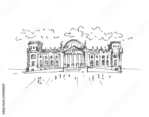 Hand drawn Reichstag building in Berlin, German parliament. Berlin landmark, Germany. Vector illustration. Sketch. Vector.