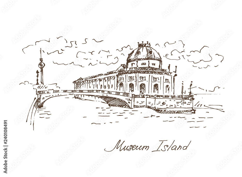 Hand drawn Museum Island in Berlin, German parliament. Berlin landmark, Germany. Vector illustration. Sketch. Vector.