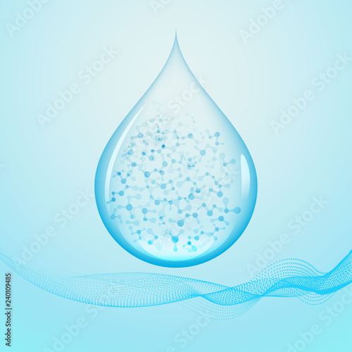 graphic of realistic water drop with abstract molecule inside