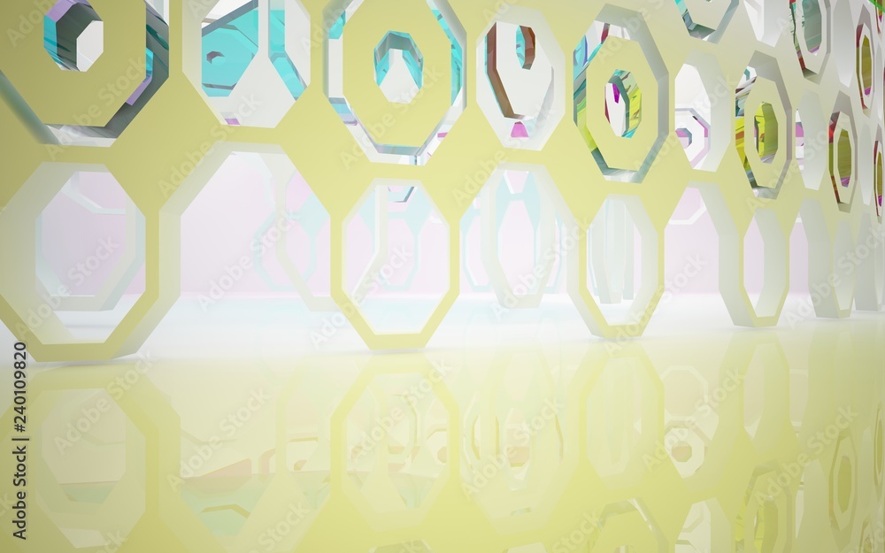 abstract architectural interior with white sculpture and geometric gradient glass box. 3D illustration and rendering abstract architectural interior with white sculpture and geometric gradient glass box. 3D illustration and rendering