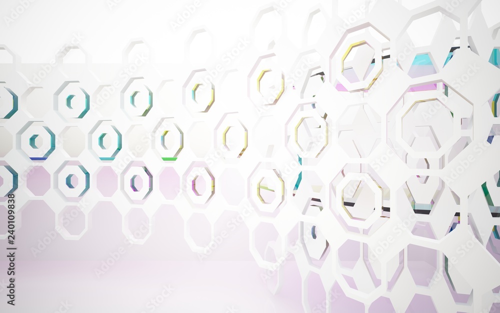 abstract architectural interior with white sculpture and geometric gradient glass box. 3D illustration and rendering abstract architectural interior with white sculpture and geometric gradient glass box. 3D illustration and rendering