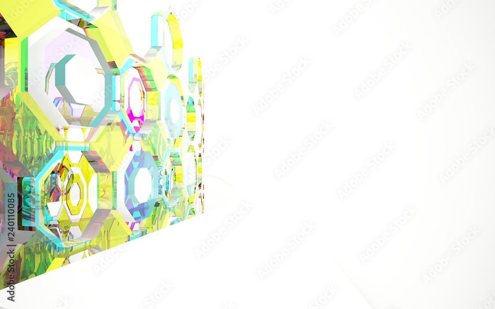 abstract architectural interior with gradient geometric glass sculpture. 3D illustration and rendering