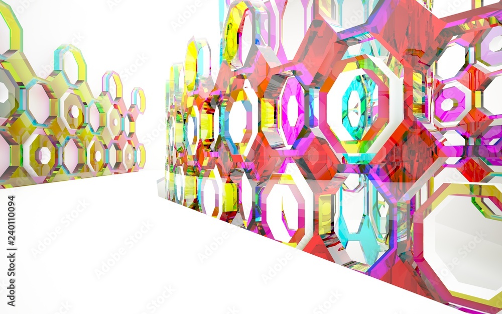 Fototapeta premium abstract architectural interior with gradient geometric glass sculpture. 3D illustration and rendering