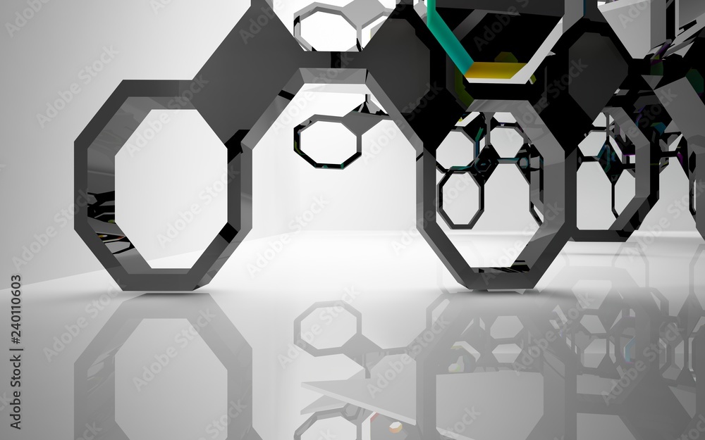 abstract architectural interior with gradient geometric glass sculpture. 3D illustration and rendering abstract architectural interior with gradient geometric glass sculpture. 3D illustration and rendering