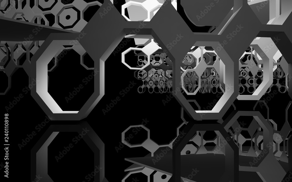abstract architectural interior with white sculpture, glossy black wall and floor. 3D illustration and rendering abstract architectural interior with white sculpture, glossy black wall and floor. 3D illustration and rendering