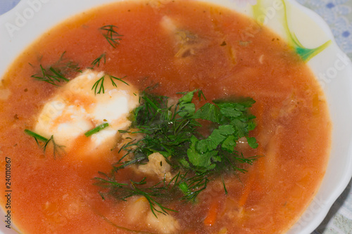 Borsch - soup with cabbage, beetroot and pork