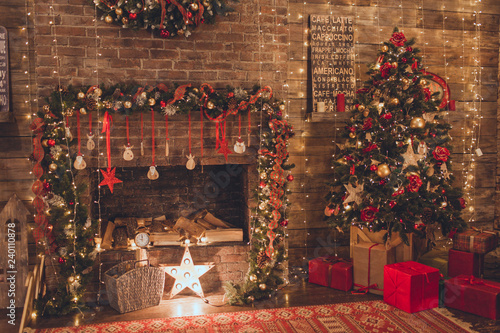 Christmas living room with fire place and garland lights