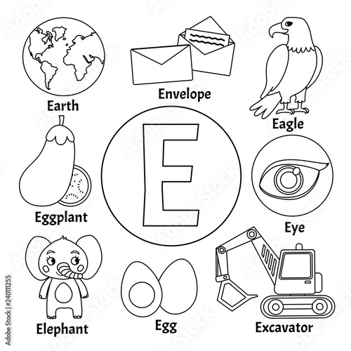 Vector cute kids animal alphabet. Letter E. Set of cute cartoon illustrations. Coloring page. 