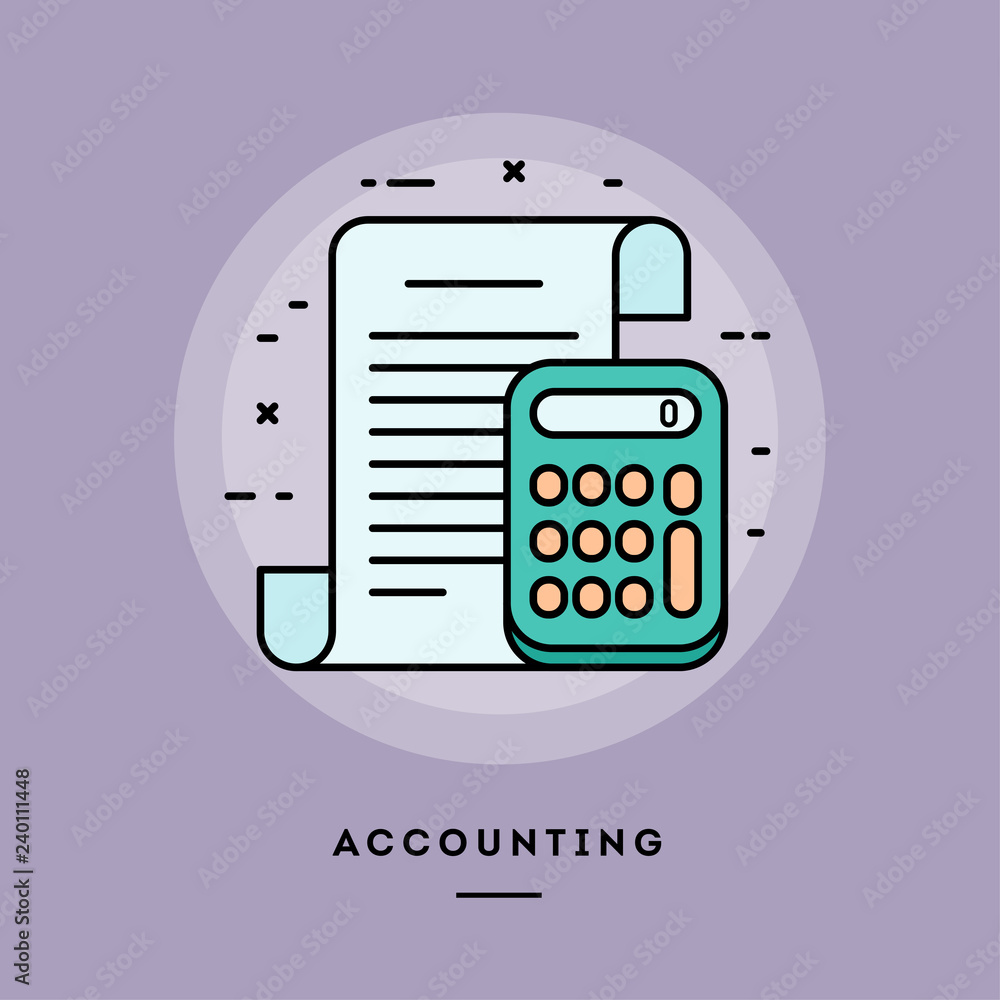 Accounting, flat design thin line banner, usage for e-mail newsletters, web banners, headers, blog posts, print and more. Vector illustration.