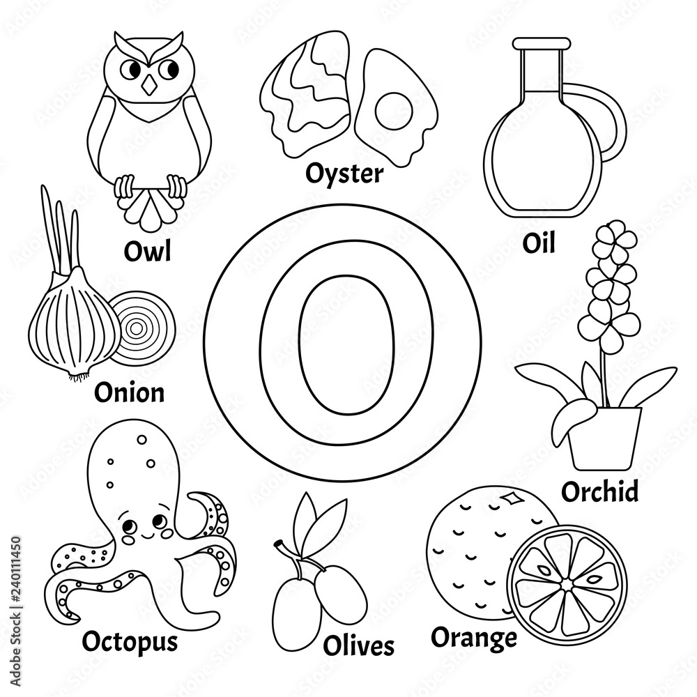 Vector cute kids animal alphabet. Letter O. Set of cute cartoon  illustrations. Coloring page. Stock Vector | Adobe Stock