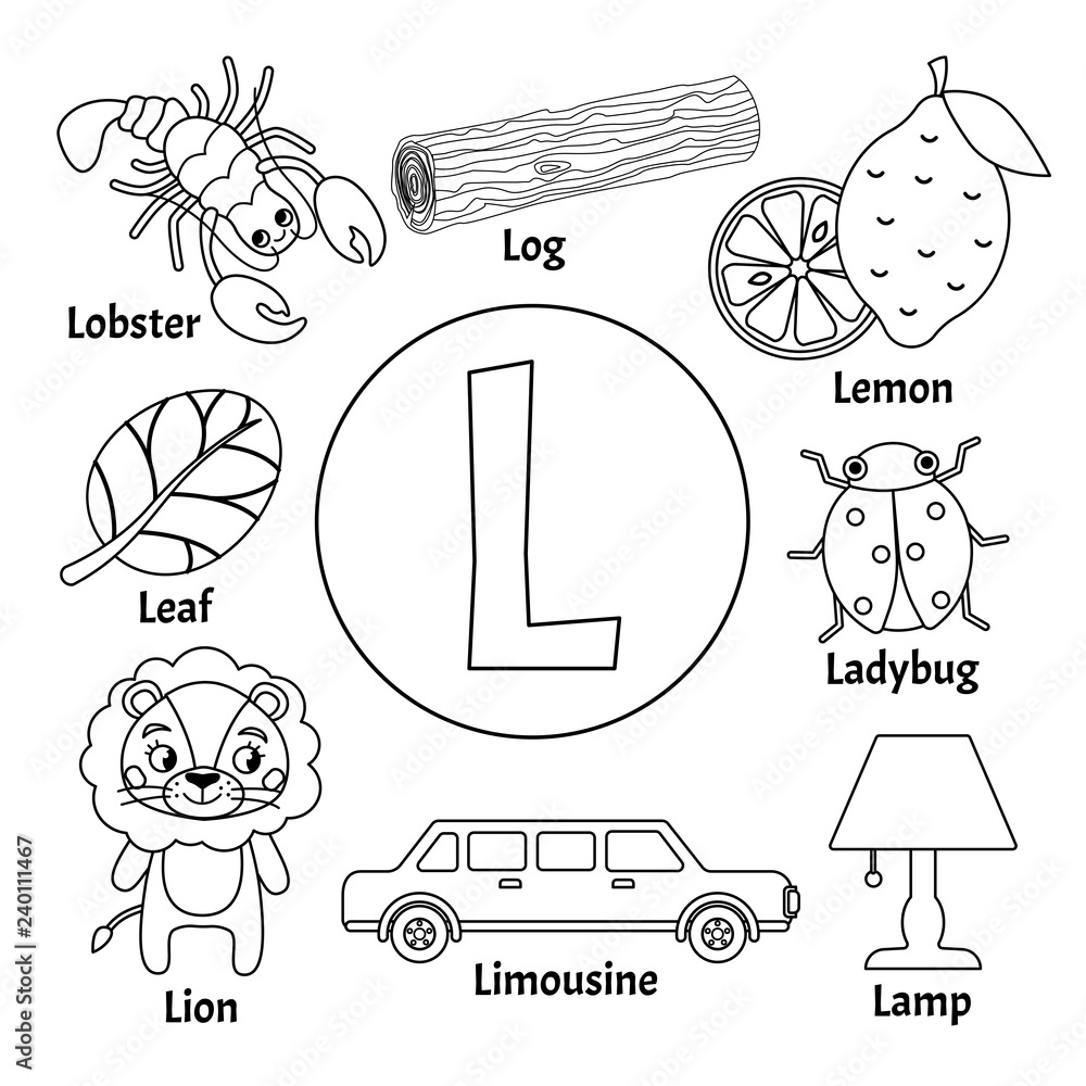 Vector cute kids animal alphabet. Letter L. Set of cute cartoon
