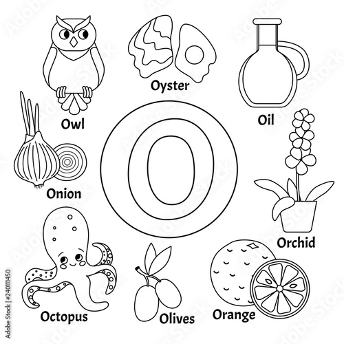 Vector cute kids animal alphabet. Letter O. Set of cute cartoon illustrations. Coloring page.