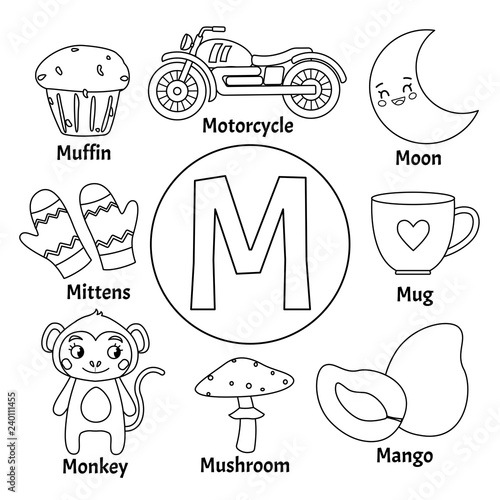 Vector cute kids animal alphabet. Letter M. Set of cute cartoon illustrations. Coloring page.