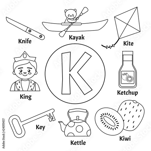 Vector cute kids animal alphabet. Letter K. Set of cute cartoon illustrations. Coloring page.