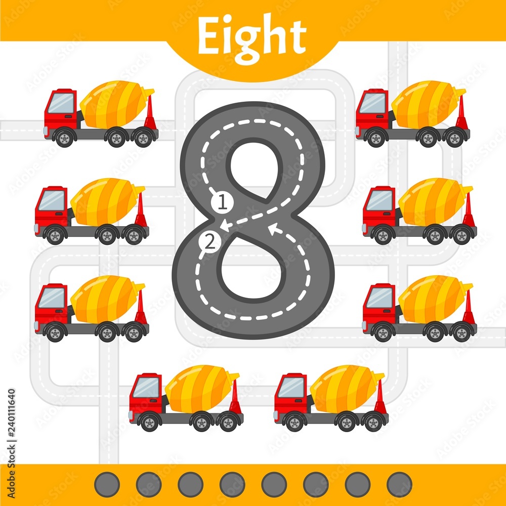 PrintKids learning material. Card for learning numbers. Number 8. Cartoon  transport. Stock Vector | Adobe Stock