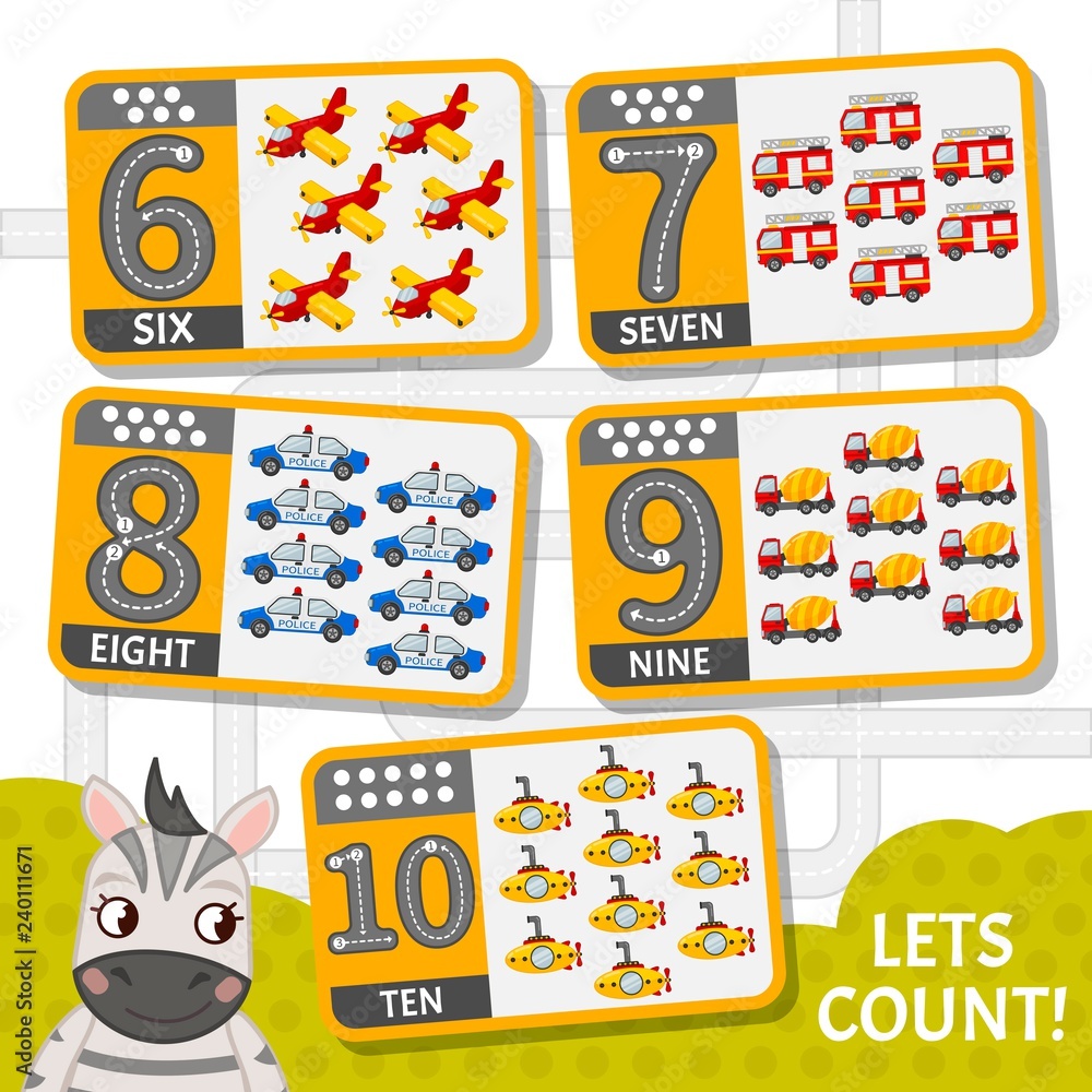 Kids learning material. Card for learning numbers. Number 6-10. Cartoon transport.