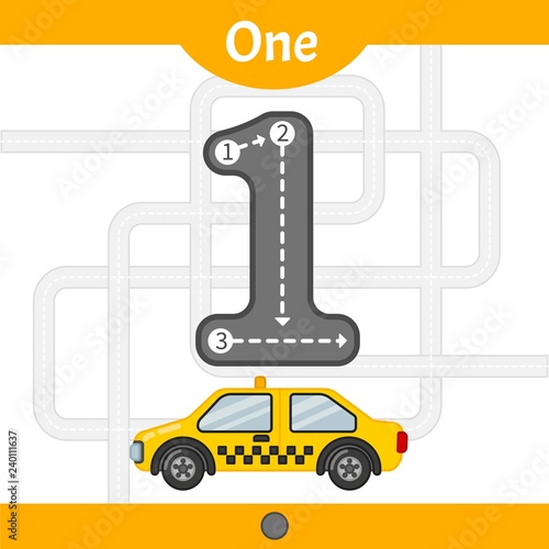 Kids learning material. Card for learning numbers. Number 1. Cartoon transport.
