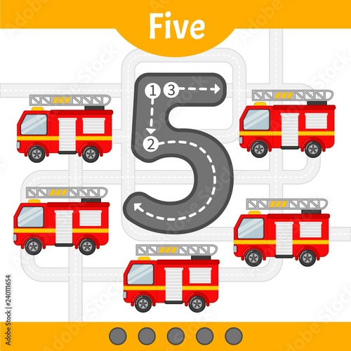 Kids learning material. Card for learning numbers. Number 5. Cartoon transport.