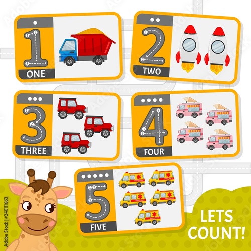 Kids learning material. Card for learning numbers. Number 1-5. Cartoon transport.