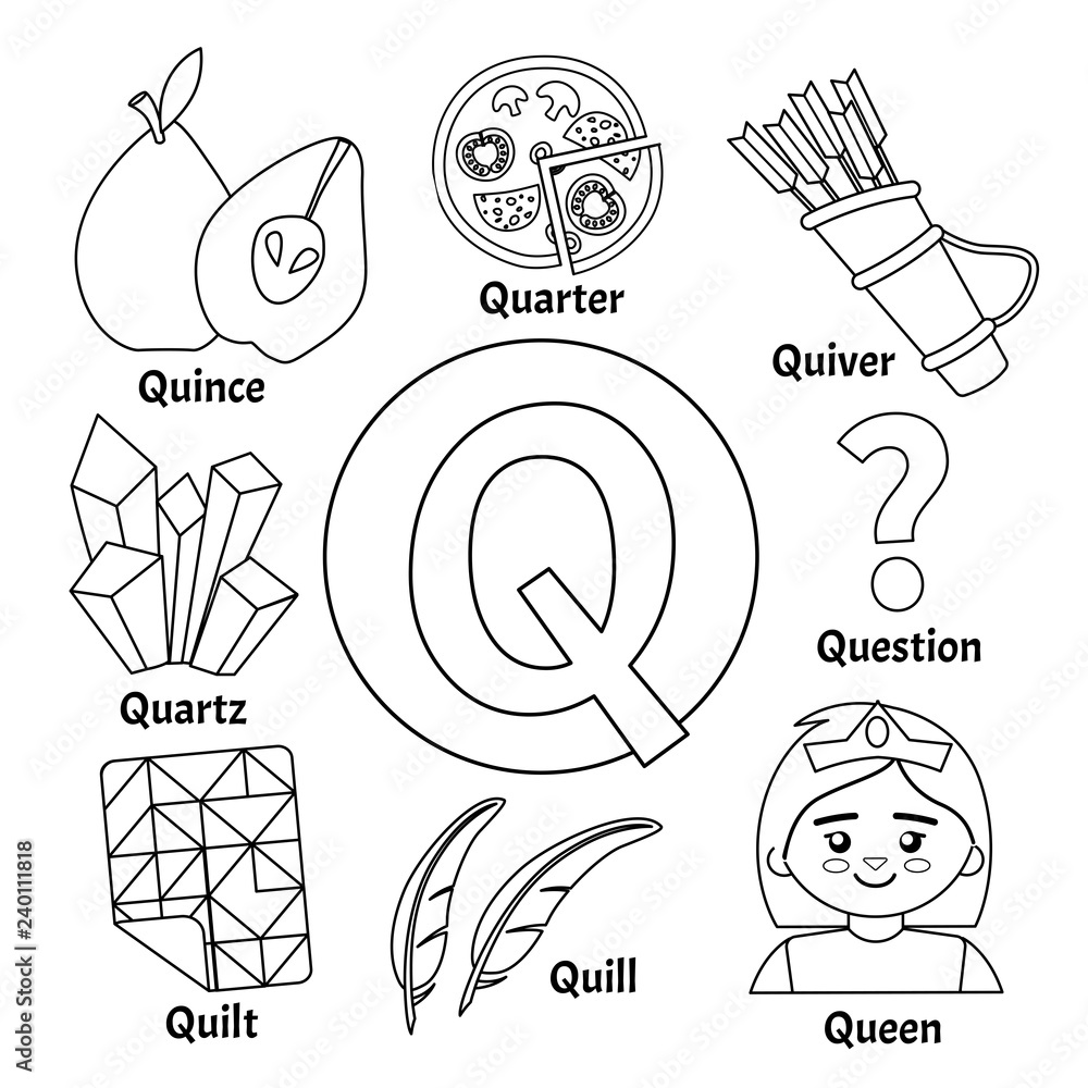Vector cute kids animal alphabet. Letter Q. Set of cute cartoon  illustrations. Coloring page. Stock Vector | Adobe Stock