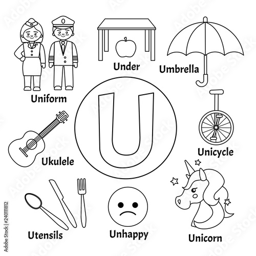 Vector cute kids animal alphabet. Letter U. Set of cute cartoon illustrations. Coloring page.
