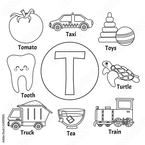 Vector cute kids animal alphabet. Letter T. Set of cute cartoon illustrations. Coloring page.
