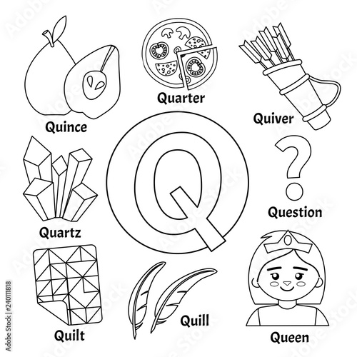 Vector cute kids animal alphabet. Letter Q. Set of cute cartoon illustrations. Coloring page.