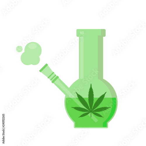 Glass bong for smoking. Green bong with marijuana. Isolated vector illustration on white background.