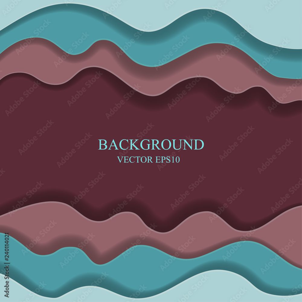  Colored paper waves, abstract, geometric background texture  layers of depth in shades of blue   and maroon. Paper cut style. Vector illustration.