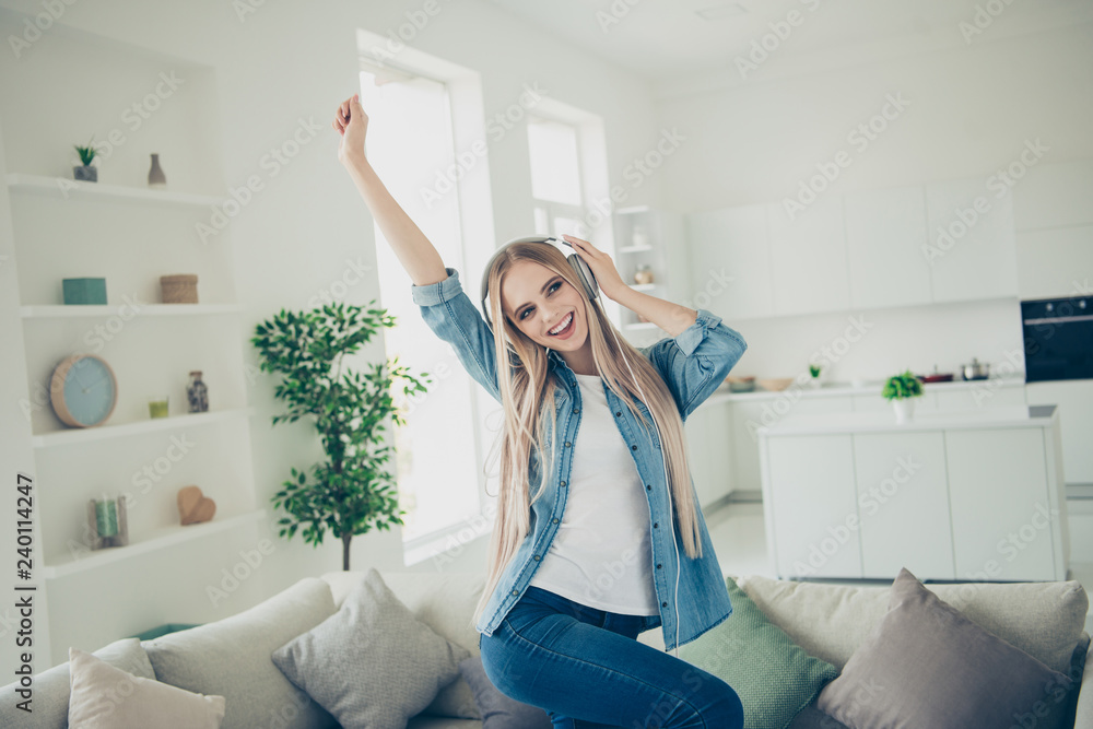 Close up portrait of pretty wonderful blond she her lady music d