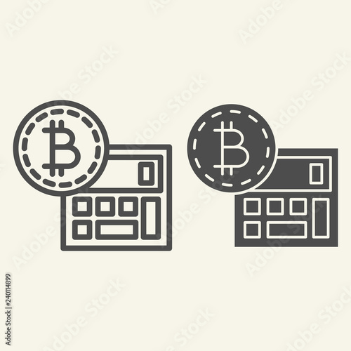 Bitcoin calculator line and glyph icon. Accounting and crypto coin vector illustration isolated on white. Cryptocurrency calculation outline style design, designed for web and app. Eps 10.