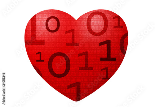 Red hearth on white with binary digital concept, future tech