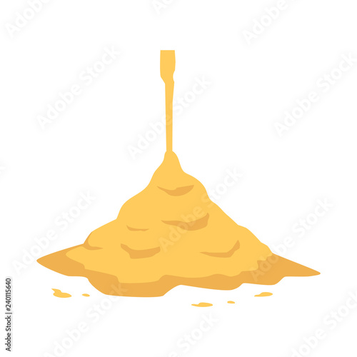 Sand pouring on big heap in flat style isolated on white background - vector illustration of falling down yellow crumbly powder. Cement pile or sandy mound for building or beach leisure concept.