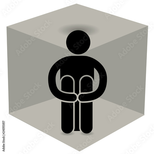 Man in a box. claustrophobia. Fear of closed spaces. Vector illustration, isolated on white background. Locked in small place. Logo.