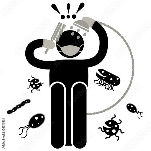 Misophobia. Phobia. Fear of being contaminated with dirt of germs. Face Mask. Man washes himself. The Fear of Bacteria. Not like dirt. Afraided man. Logo, icon, silhouette, sticker, sign. photo