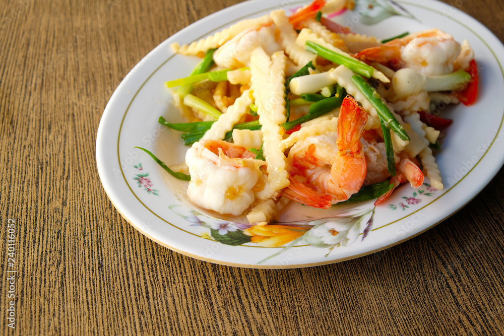 Stir fried coconut with shrimp. Stir fried coconut with shrimp.