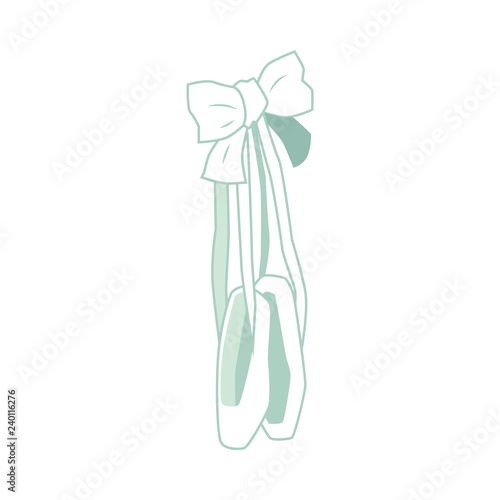 Vector ballet pointe shoes handing on elegant bow. Greeting or invitation card design element for ballet lovers. Ballerina dancer equipment for theater stage performance. Isolated illustration