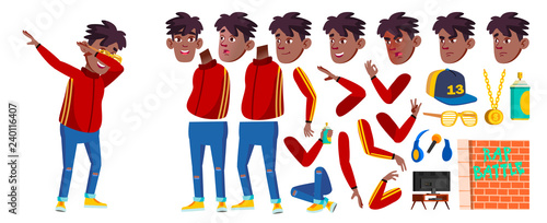 Rap Battle Singer Boy Kid Vector. Schoolboy. Black. Afro American. Animation Child Creation Set. Face Emotions, Gestures. For Presentation, Invitation Design. Animated. Isolated Cartoon Illustration